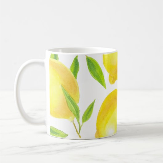Aquarellfarben Zitronen und Blätter: Muster. Kaffeetasse (Links)