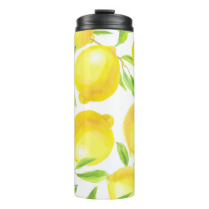 Aquarellfarben Zitronen und Blätter: Muster. Thermosbecher