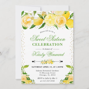 Aquarellfarben Zitronen und Blume Foto Sweet 16 In Einladung