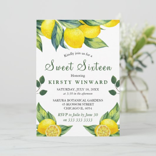 Aquarellfarben Zitronenblumensüß 16 Einladung (Stehend Vorderseite)