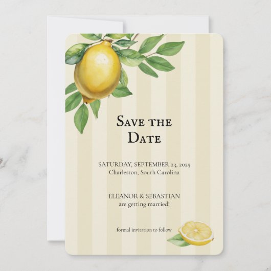 Aquarellfarben Zitronengelbe Zitrusfrüchte Rustika Save The Date (Vorderseite)