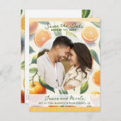 Aquarellfarben Zitrus Orange Blätter Save the Date Ankündigungspostkarte (Vorne/Hinten)