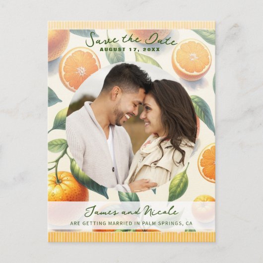 Aquarellfarben Zitrus Orange Blätter Save the Date Ankündigungspostkarte (Vorderseite)