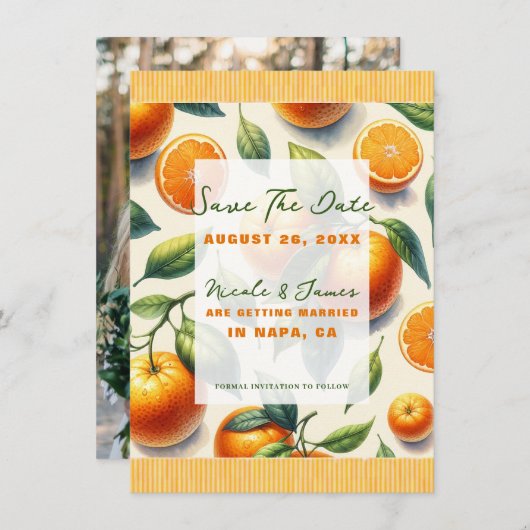 Aquarellfarben Zitrus Orange Blätter Save the Date Einladung (Vorne/Hinten)