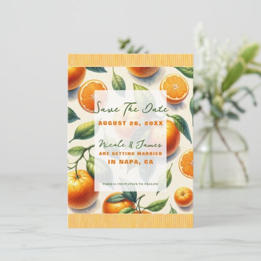Aquarellfarben Zitrus Orange Blätter Save the Date Einladung (Stehend Vorderseite)