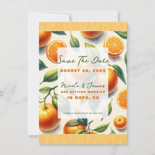 Aquarellfarben Zitrus Orange Blätter Save the Date Einladung (Vorderseite)