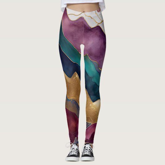 Aquarellfarbene Abstrakte Landschaftsmalerei Gold Leggings (Vorderseite)