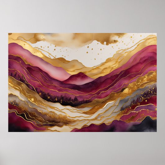 Aquarellfarbene Abstrakte Landschaftsmalerei Gold Poster (Vorne)