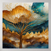 Aquarellfarbene Abstrakte Landschaftsmalerei Gold  Poster (Vorne)