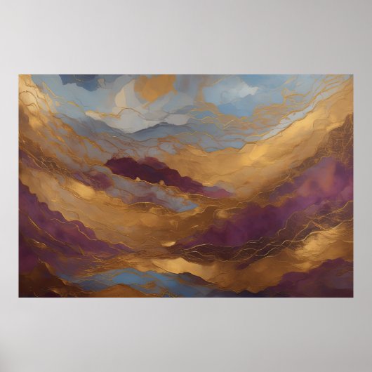 Aquarellfarbene Abstrakte Landschaftsmalerei Gold Poster (Vorne)