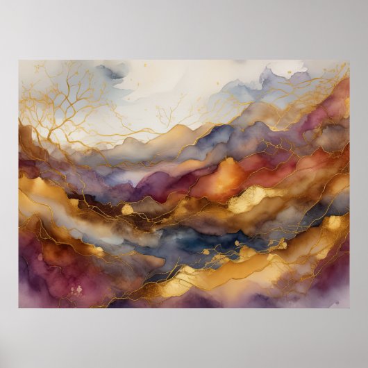 Aquarellfarbene Abstrakte Landschaftsmalerei Gold Poster (Vorne)