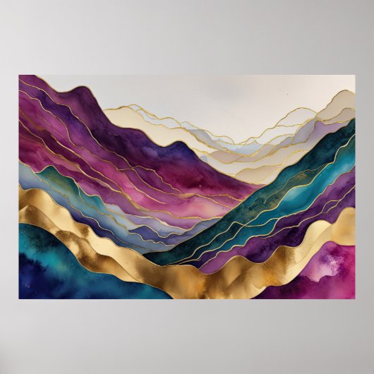 Aquarellfarbene Abstrakte Landschaftsmalerei Gold Poster (Vorne)