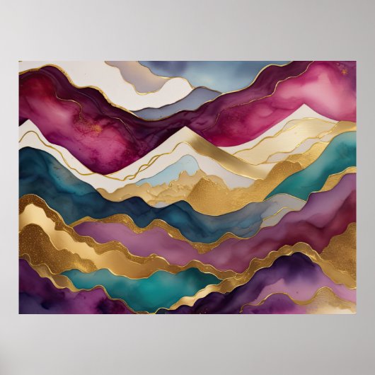 Aquarellfarbene Abstrakte Landschaftsmalerei Gold  Poster (Vorne)