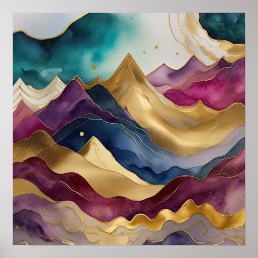 Aquarellfarbene Abstrakte Landschaftsmalerei Gold Poster (Vorne)