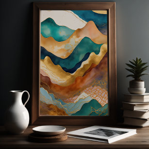 Aquarellfarbene Abstrakte Landschaftsmalerei Gold  Poster