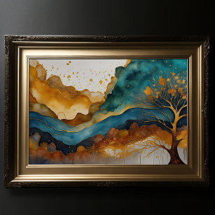 Aquarellfarbene Abstrakte Landschaftsmalerei Gold  Poster