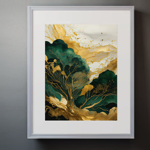 Aquarellfarbene Abstrakte Landschaftsmalerei Gold  Poster