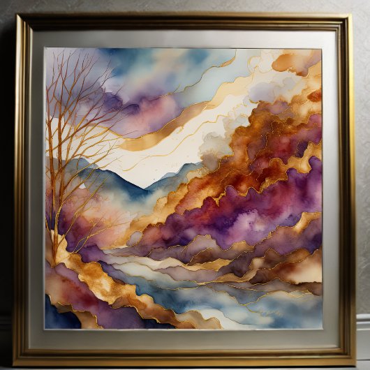 Aquarellfarbene Abstrakte Landschaftsmalerei Gold  Poster