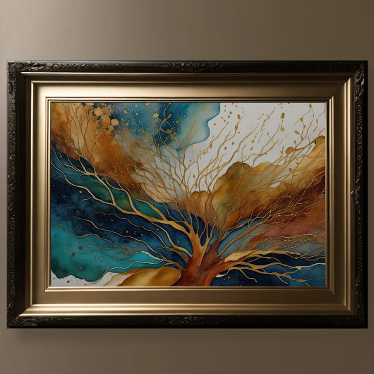 Aquarellfarbene Abstrakte Landschaftsmalerei Gold  Poster