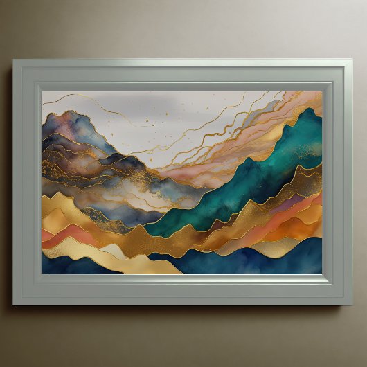 Aquarellfarbene Abstrakte Landschaftsmalerei Gold Poster