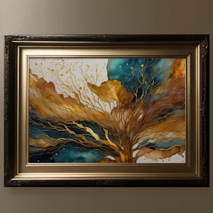 Aquarellfarbene Abstrakte Landschaftsmalerei Gold  Poster