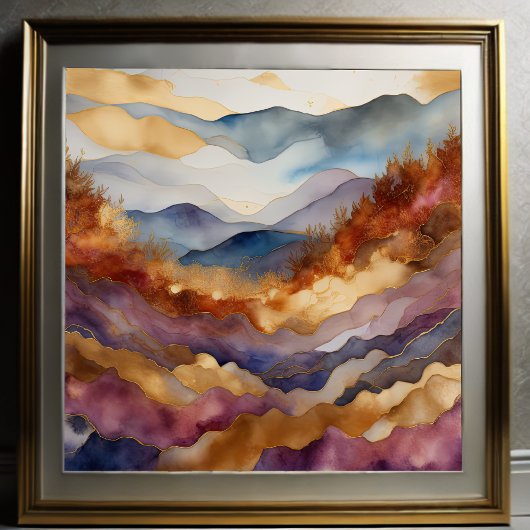 Aquarellfarbene Abstrakte Landschaftsmalerei Gold  Poster