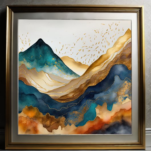 Aquarellfarbene Abstrakte Landschaftsmalerei Gold Poster