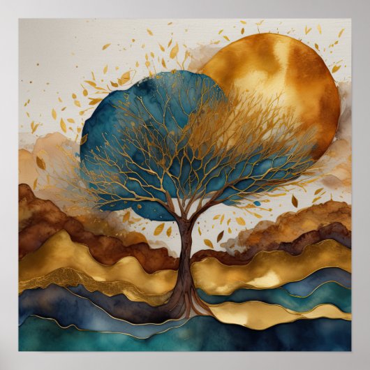 Aquarellfarbene Abstrakte Landschaftsmalerei Gold Poster (Vorne)