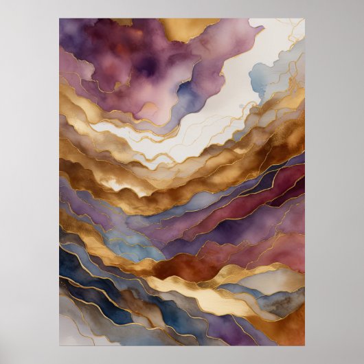 Aquarellfarbene Abstrakte Landschaftsmalerei Gold Poster (Vorne)