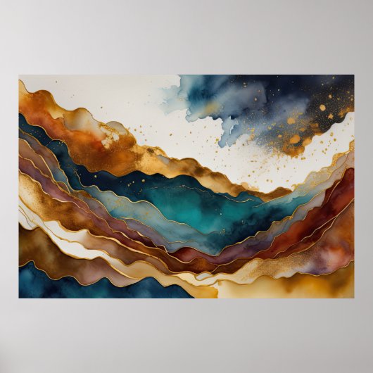 Aquarellfarbene Abstrakte Landschaftsmalerei Gold Poster (Vorne)