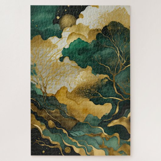 Aquarellfarbene Abstrakte Landschaftsmalerei Gold Puzzle (Vertikal)