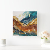 Aquarellfarbene Abstrakte Landschaftsmalerei Gold Quadratische Wanduhr (Zuhause)