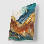 Aquarellfarbene Abstrakte Landschaftsmalerei Gold Quadratische Wanduhr (Winkel)