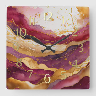 Aquarellfarbene Abstrakte Landschaftsmalerei Gold Quadratische Wanduhr