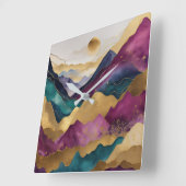 Aquarellfarbene Abstrakte Landschaftsmalerei Gold Quadratische Wanduhr (Winkel)
