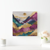 Aquarellfarbene Abstrakte Landschaftsmalerei Gold Quadratische Wanduhr (Zuhause)