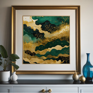 Aquarellfarbene Abstrakte Landschaftsmalerei Grün  Poster