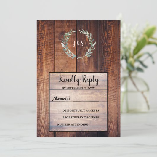 Aquarellfarbene Blätter auf rustikalem Holz mit Mo Einladung (Stehend Vorderseite)