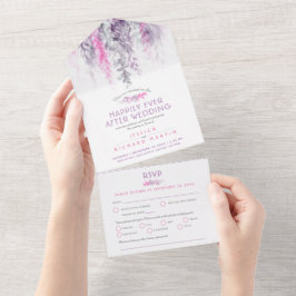 Aquarellfarbene Blätter indigo rosa Hochzeit nach All In One Einladung
