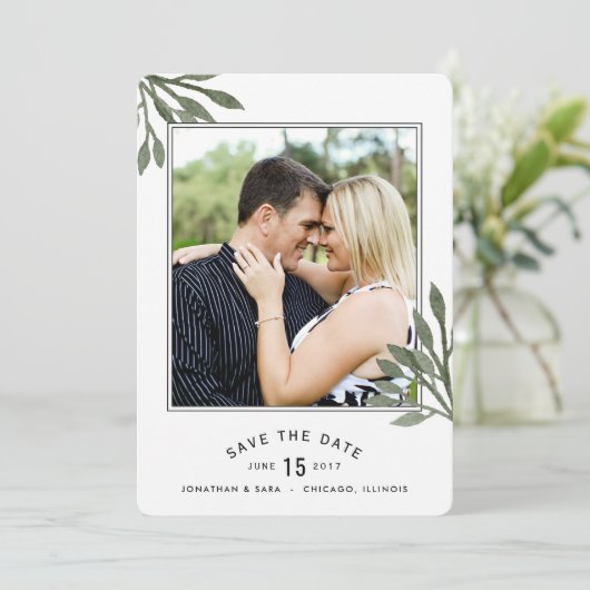 Aquarellfarbene Blätter Save the Date 2 Fotos (Stehend Vorderseite)