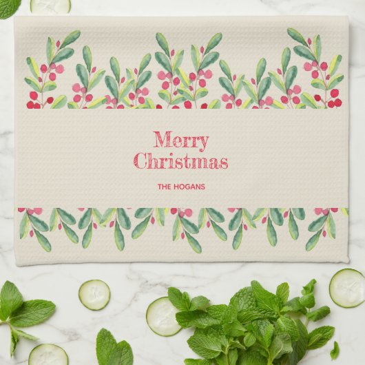 Aquarellfarbene Blätter und Berries Weihnachten Geschirrtuch (Gefaltet)