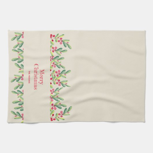 Aquarellfarbene Blätter und Berries Weihnachten Geschirrtuch (Horizontal)