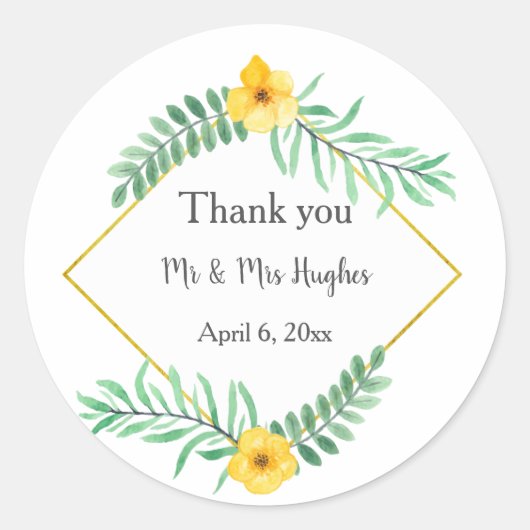 Aquarellfarbene Blätter und gelbe Blume vielen Dan Runder Aufkleber (Vorderseite)
