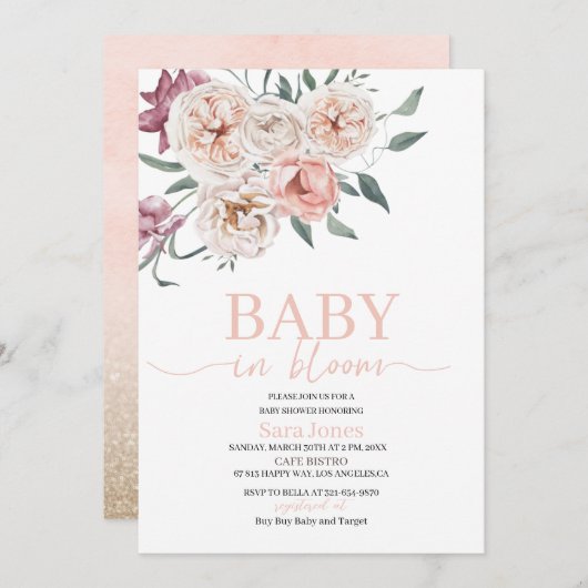 Aquarellfarbene Blume Baby in blühender Kinderdusc Einladung (Vorne/Hinten)