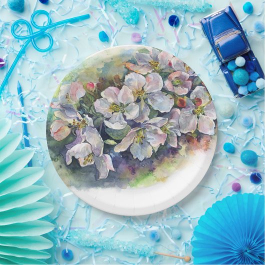 Aquarellfarbene Blume blühender Apfelbaum Hochzeit Pappteller (Party)