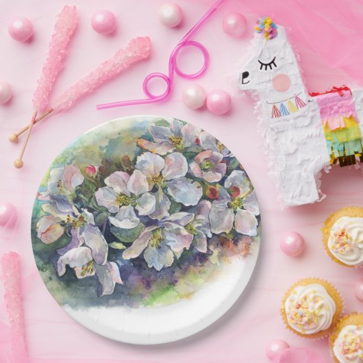 Aquarellfarbene Blume blühender Apfelbaum Hochzeit Pappteller (Party)