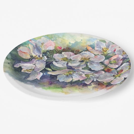 Aquarellfarbene Blume blühender Apfelbaum Hochzeit Pappteller (Schrägansicht)