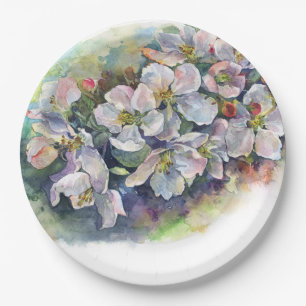 Aquarellfarbene Blume blühender Apfelbaum Hochzeit Pappteller