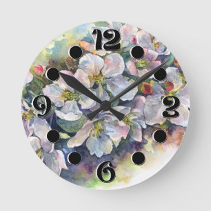 Aquarellfarbene Blume blühender Apfelbaum Hochzeit Runde Wanduhr
