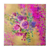 Aquarellfarbene Blume Bouquet auf Himbeerrosa Fliese (Vorderseite)